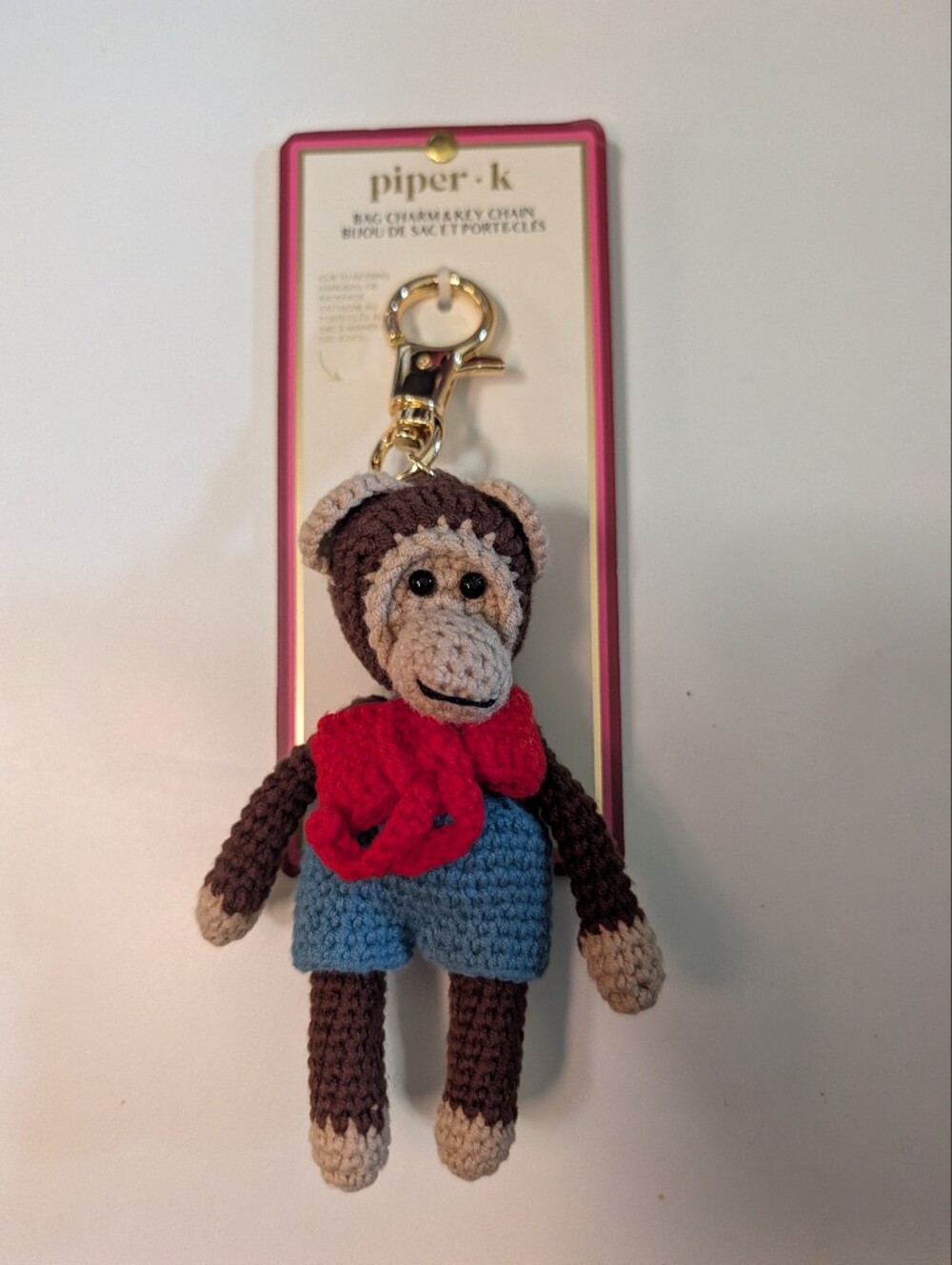 Piper K Crochet Monkey Keychain in Brown, Cream, Red, and Blue